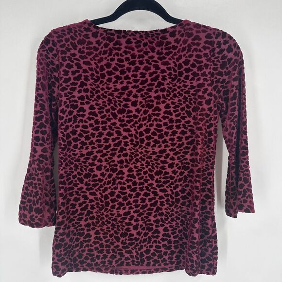 Talbots Velvet Burnout Bell Sleeve Top Women S Petite Burgundy Leopard Print - Picture 7 of 9
